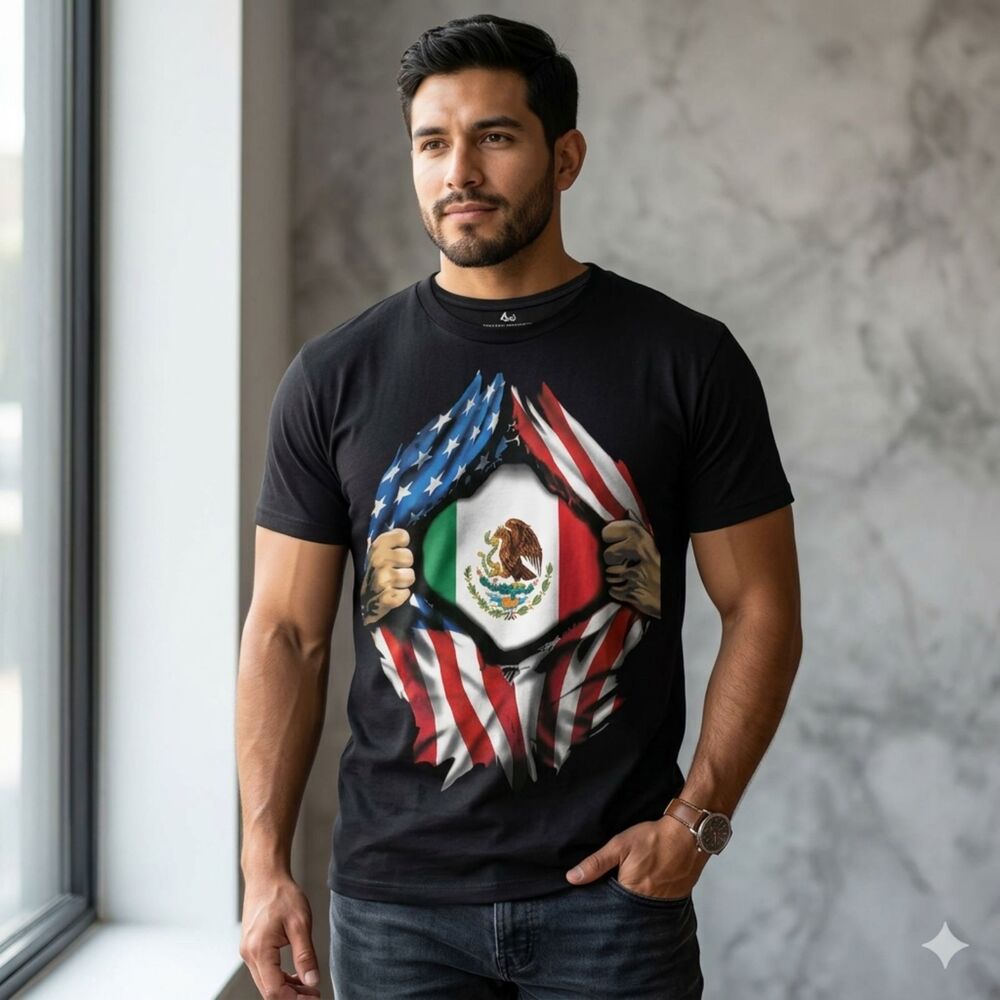 Men Mexico Flag Under USA Flag Graphic T-Shirt Casual Streetwear Black Size L